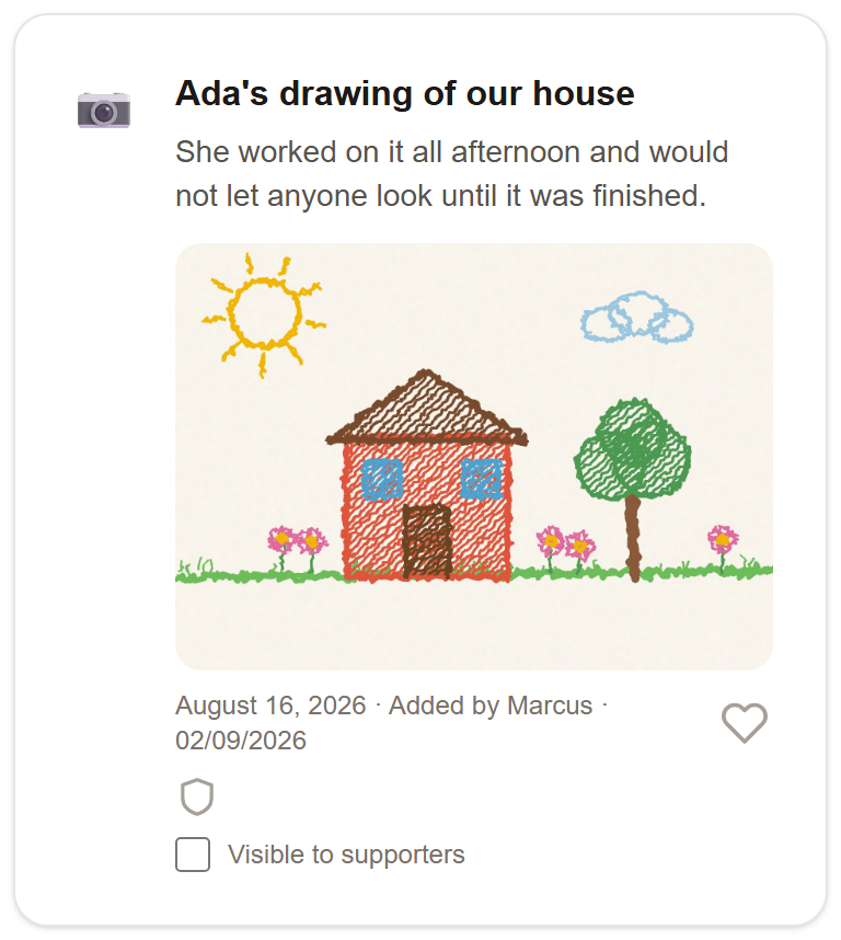 A vault card titled 'Ada's drawing of our house', showing a child's crayon drawing of a house, a tree and a sun, dated August 16, 2026.