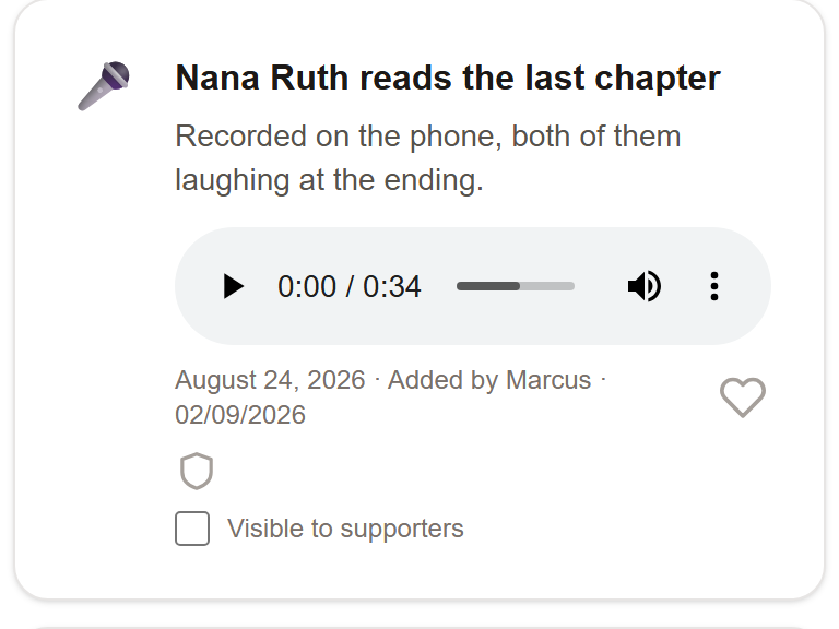 A vault card titled 'Nana Ruth reads the last chapter' with an audio player showing a 34 second recording.